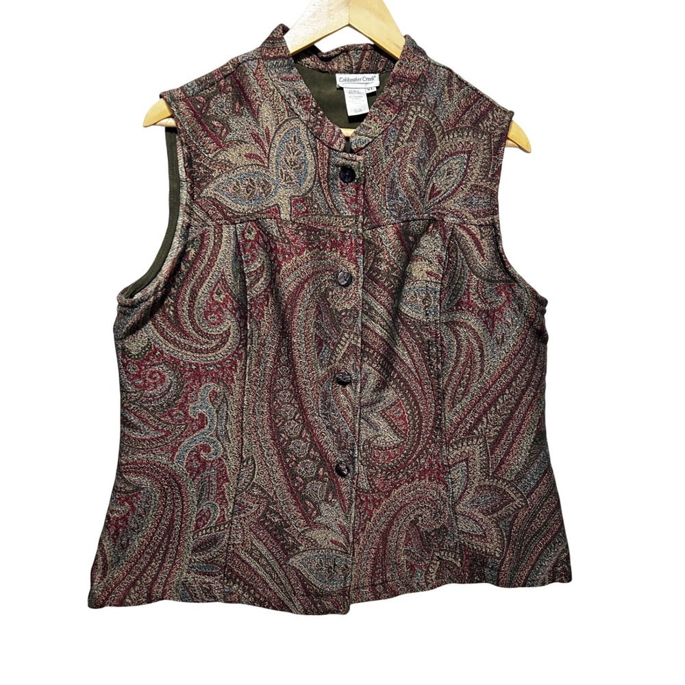 Vintage Coldwater Creek Women Cottage Boho Vest XL Paisley Tapestry Button Front